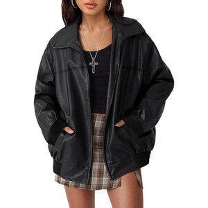 Leather Jacket Women Faux Suede Oversized Motorcycle Bomber Coat Fall Winter